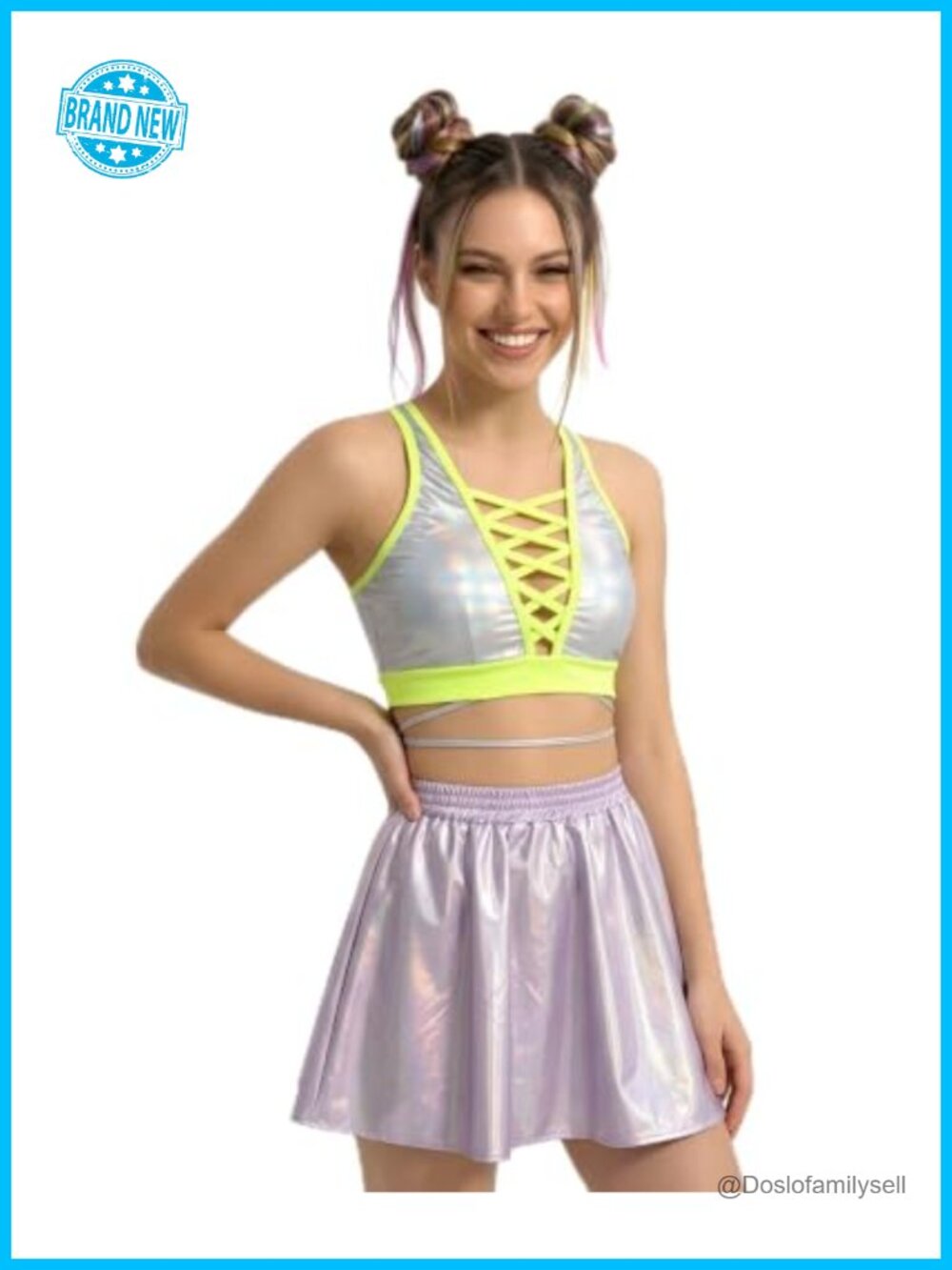 Holographic Lace-Up Crop Top & Skater Skirt Set UV Reactive Rave Festival Outfit